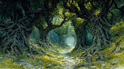 A winding path through a dense, ancient forest, sunlight filtering through the canopy.