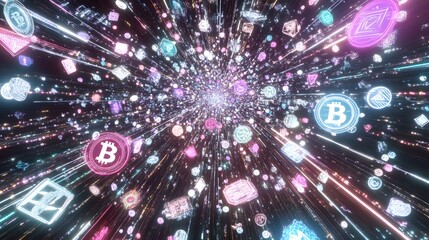 A vast array of virtual tokens flowing like a river through a neon-lit digital world at a blockchain innovation event