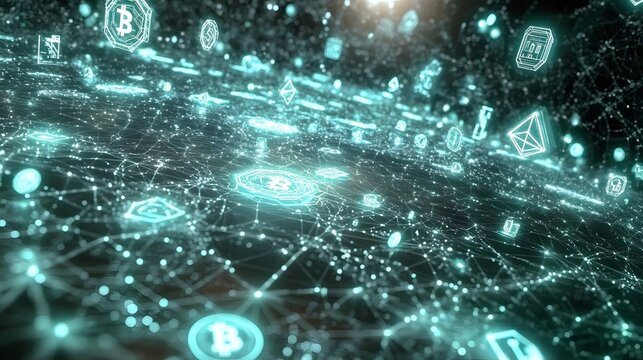 A vast array of virtual tokens flowing like a river through a neon-lit digital world at a blockchain innovation event