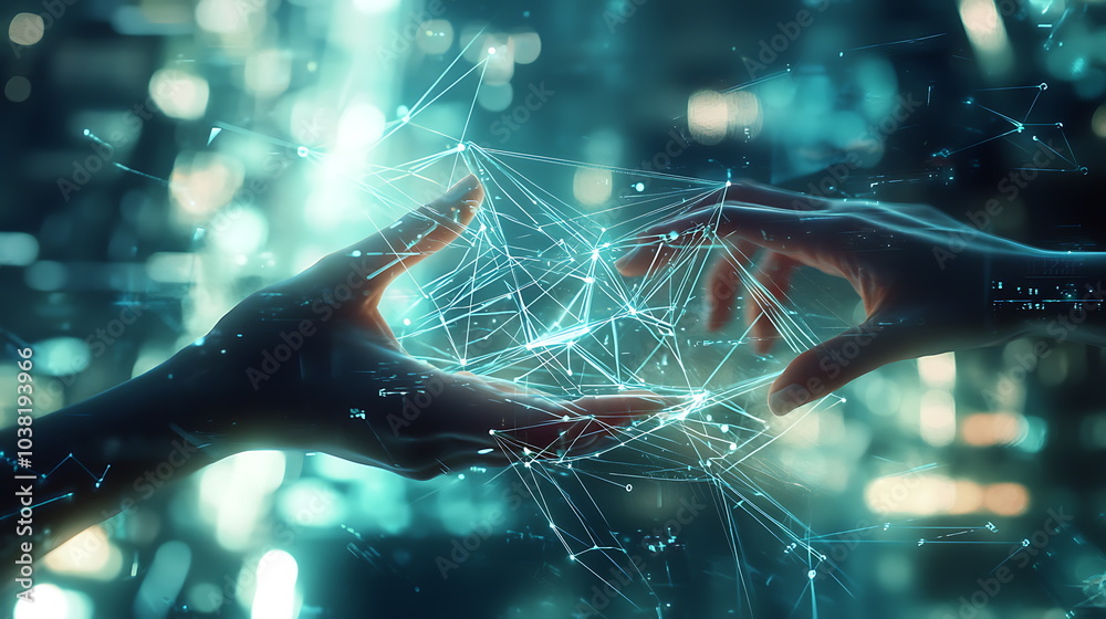 Poster Connected hands reaching towards a digital network the intersection of humanity and technology in a globalized era