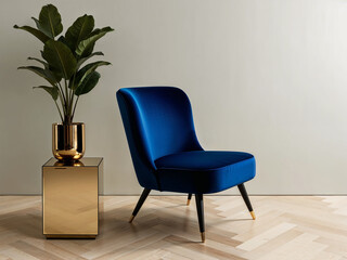 Elegant Modern Interior with Blue Velvet Chair, Gold Side Table, and Indoor Plant in a Minimalist Setting
