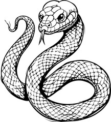 Fototapeta premium A black and white drawing of a snake with a long, thin body on transparent background.