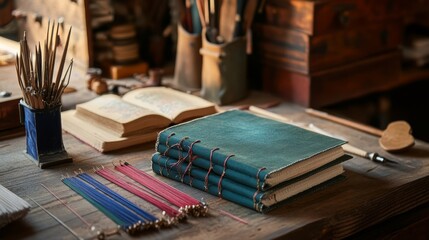 A cozy bookbinding workshop with bookbinding tools and colorful threads, Bookbinding tools and artisanal book covers neatly organized, Literary artisan style
