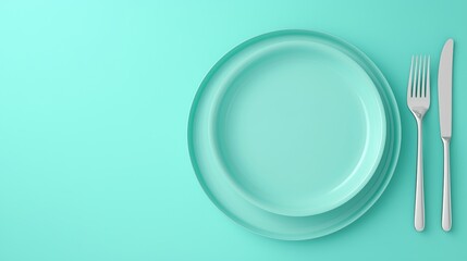 Elegant Dinner Setting with Mint Green Plates and Silver Cutlery on a Light Blue Background
