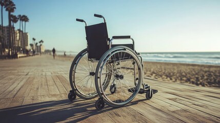 Obraz premium A wheelchair parked on a beach boardwalk with the ocean in the background, representing the pursuit of adventure and accessibility. --chaos