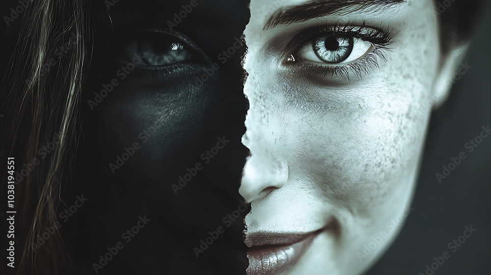 Poster exploring the duality of human expression a captivating portrait revealing the conflict of light and