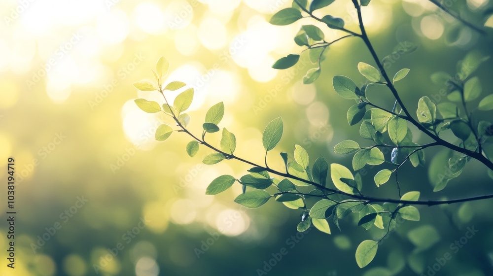 Poster dreamy green. fresh plant branch with bokeh light and tranquil vibes