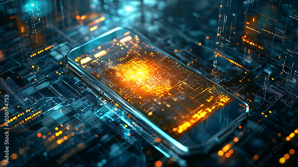 Poster Exploring the future a futuristic smartphone with a glowing circuit board design showcasing advanced technology and innovation