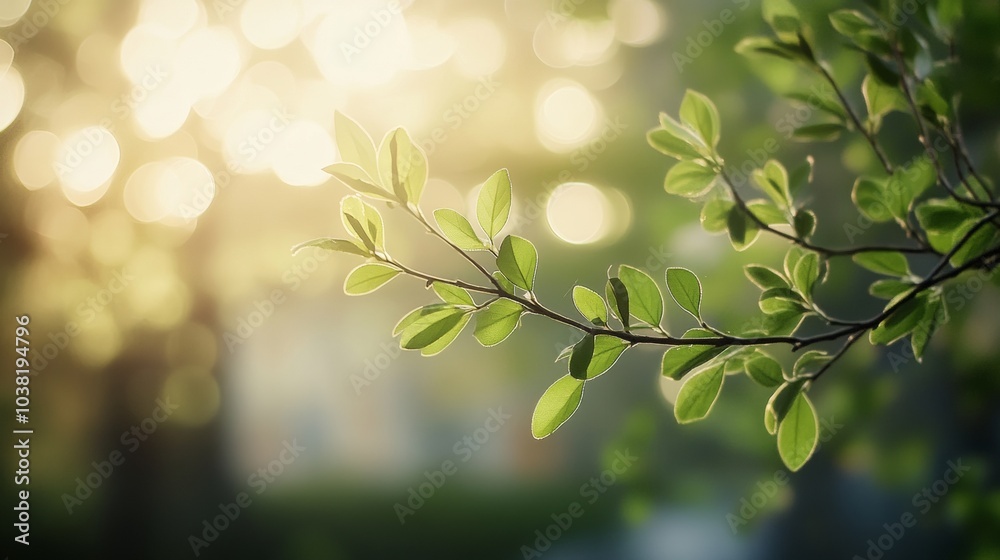 Poster dreamy green. fresh plant branch with bokeh light and tranquil vibes