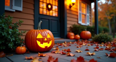 Obraz premium A cozy autumn front porch with a carved pumpkin glowing in the dusk light, colorful leaves swirling through the air, and a warm lantern hanging by the door.