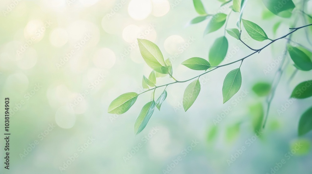 Poster dreamy green. fresh plant branch with bokeh light and tranquil vibes