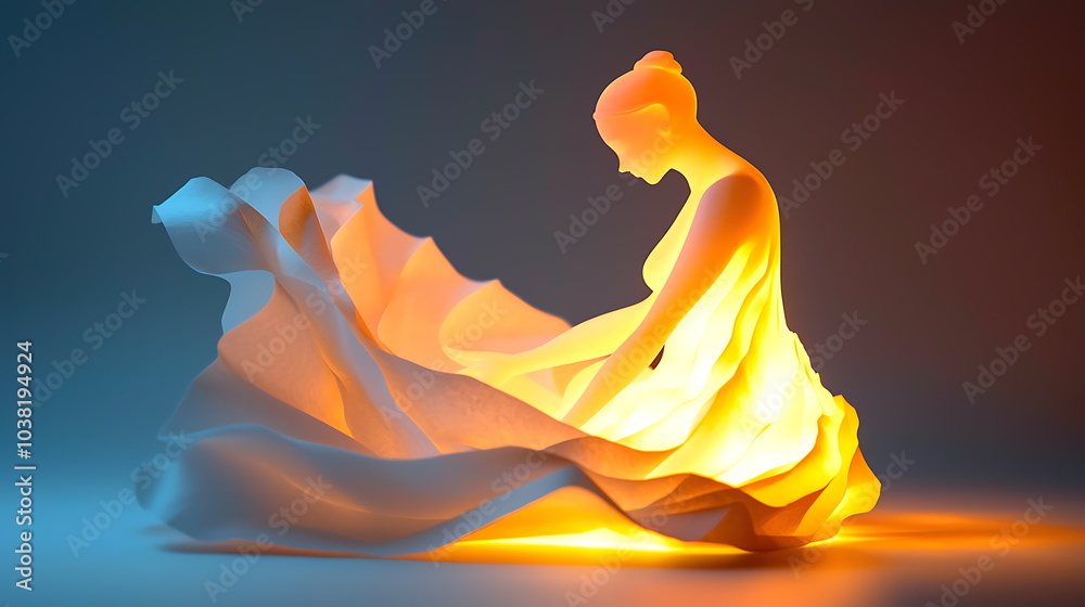 Poster illuminated elegance a graceful figure draped in flowing fabric embracing light and serenity in a ca