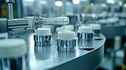 Close-up of an automatic cosmetic tube filling machine, precision nozzles dispensing cream, industrial setting