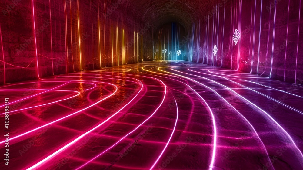 Aufkleber a calm river of digital currency symbols flowing across an abstract world of neon light during a blo