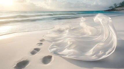 A white fabric blowing in the wind on a sunlit beach, with footprints in the sand and the vast ocean in the background, evoking a vacation mood. --chaos