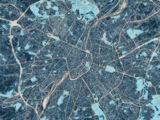 Painterly Style City Map of Brussel, Belgium in a Blue Color Scheme.