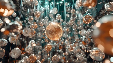 A cosmic dance of virtual coins swirling around a glowing orb at a fintech conference