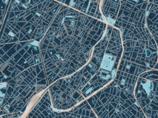 Painterly Style City Map of Brussel Centrum, Belgium in a Blue Color Scheme.
