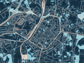 Painterly Style City Map of Mons, Belgium in a Blue Color Scheme.