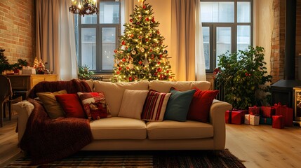 Fototapeta premium Cozy Christmas Living Room with Decorated Tree and Sofa
