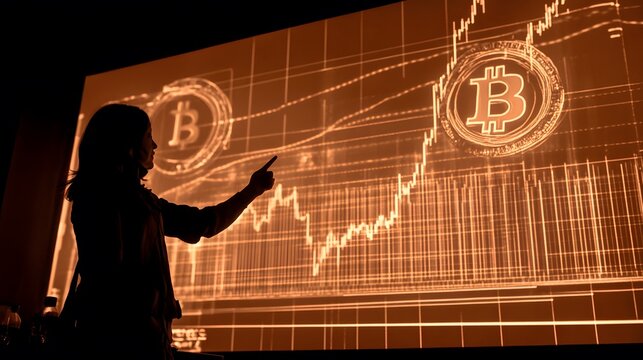 A speaker at a tech summit pointing to a chart showing rising cryptocurrency trends projected behind him