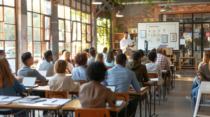 Obraz premium Business Professionals Engaged in Office Presentation with Natural Light, workforce, Focused Learning Environment
