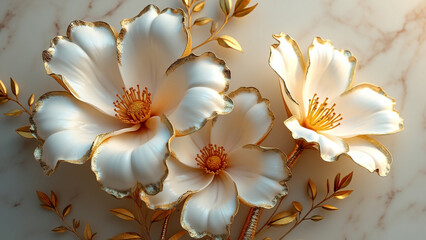 Elegant White and Gold Flower Wall Art – 3D Floral Design for Modern Home Décor.