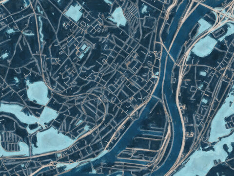Painterly Style City Map of Herstal, Belgium in a Blue Color Scheme.
