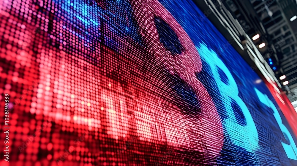Poster a futuristic, glowing display of cryptocurrency rising trends projected above a trading floor at a n