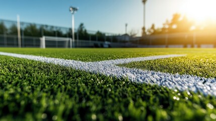 A soccer field's penalty spot with focus on the white marking and grass, outdoor setting with evening light, Dramatic style