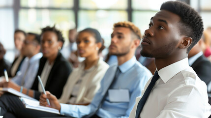 Fototapeta premium Business Professionals Engaged in Office Presentation with Natural Light, workforce, Focused Learning Environment