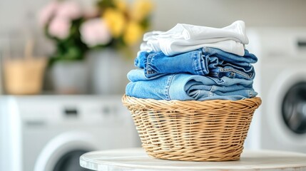 A wicker basket with folded clothes, including blue jeans and white t-shirts, set on a folding table in a laundry room. --chaos