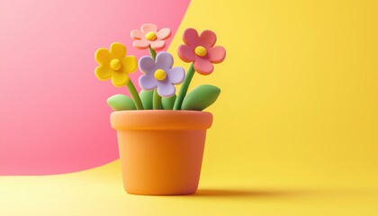 A vibrant, stylized flower pot with colorful blooms against a bright background, evoking a cheerful and playful atmosphere.