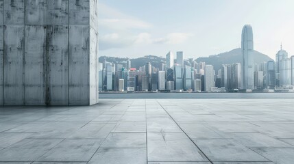 Modern exhibition space with concrete wall and city skyline view ideal for logo or text placement