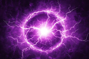 Obraz premium A vibrant purple energy sphere surrounded by lightning bolts against a dark background.