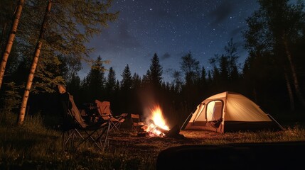 A cozy camping site under a blanket of stars, Camping gear arranged around a crackling campfire, Nighttime camping style