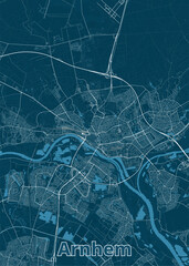 Map of Arnhem, a city in the Netherlands. The map is rendered in a minimalist style with white lines representing roads and waterways against a deep blue background.