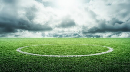 A soccer field's penalty spot with the grass and painted spot details, outdoor setting under cloudy skies, Sharp style