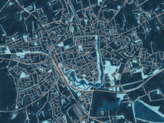 Painterly Style City Map of Ieper, Belgium in a Blue Color Scheme.
