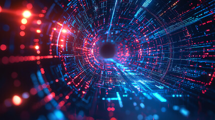 Obraz premium Neon cyberpunk-inspired tech grid, front view, depicting digital transformation and complexity, sci-fi tone, Complementary Color Scheme