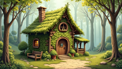 Fototapeta premium Enchanted cottage covered in greenery nestled in a magical forest setting