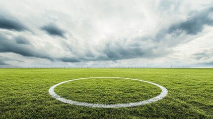 A soccer field's penalty spot with the grass and painted spot details, outdoor setting under cloudy skies, Sharp style
