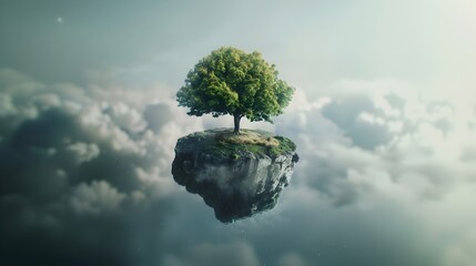 A single tree stands on a floating island in the clouds