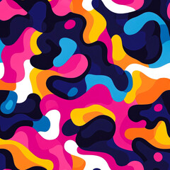 Abstract seamless pattern with colorful organic shapes in pink, blue, yellow and white on black background.