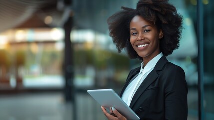 A young businesswoman smiles confidently while holding a tablet.