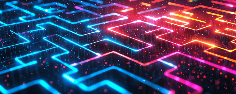 Digital maze circuit with neon lights, top view, representing complex data pathways, futuristic tone, Triadic Color Scheme