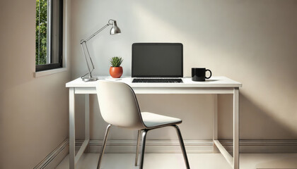 Fototapeta premium Bright Minimalist Home Office with Laptop and Desk Lamp by the Window