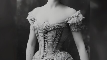 A vintage black and white photo of a woman wearing a corset.