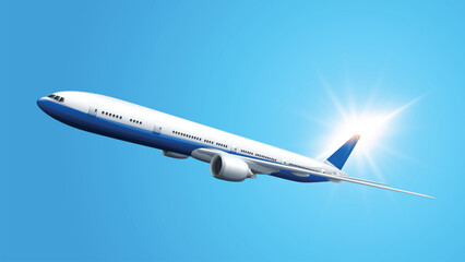 Vector 3d airplane in blue background. Airplane concept. Plane Air transportation.Advertising banner. Airplane flying in sky. Airplane concept. Plane Air transportation.Advertising banner.
