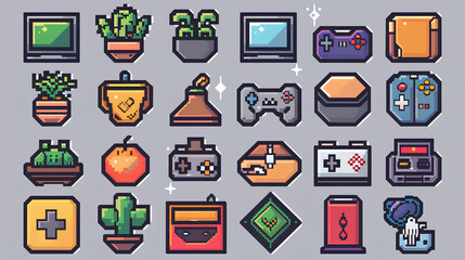Obraz premium Pixel Art Game Console and Accessories Icons Set